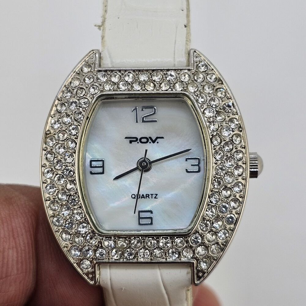 POV Women's Watch 27MM MOP Dial Crystal Bezel White Leather Bands New Battery